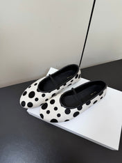THE ROW 26S BALLET FLATS IN WHITE & BLACK POLKA DOT CALF HAIR CALFSKIN