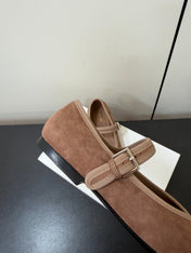 THE ROW 26S MARY JANE BALLET FLATS IN BROWN SUEDE WITH SILVER HARDWARE