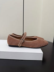 THE ROW 26S MARY JANE BALLET FLATS IN BROWN SUEDE WITH SILVER HARDWARE