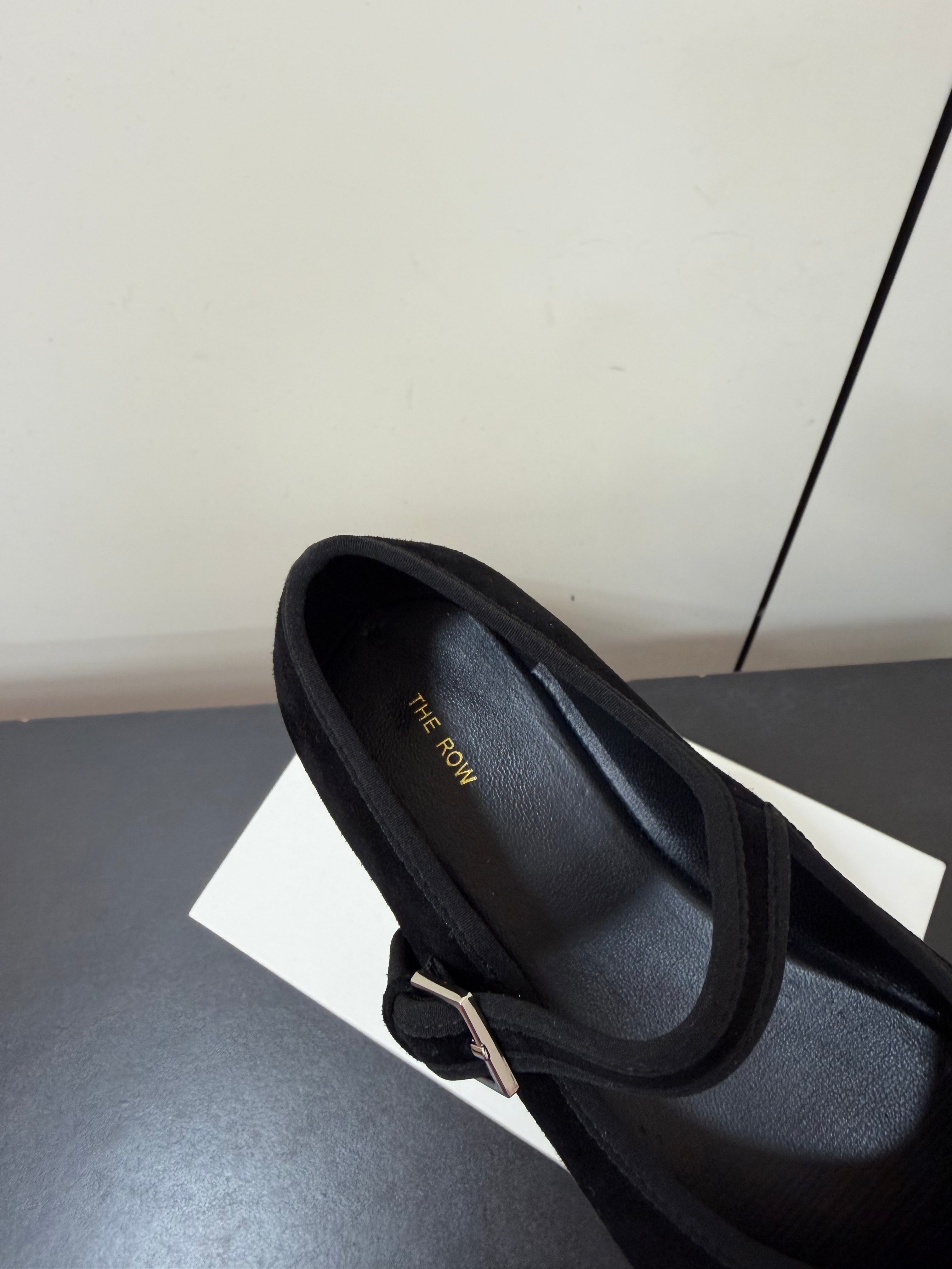 THE ROW 26S MARY JANE BALLET FLATS IN BLACK SUEDE WITH SILVER HARDWARE