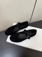 THE ROW 26S MARY JANE BALLET FLATS IN BLACK SUEDE WITH SILVER HARDWARE