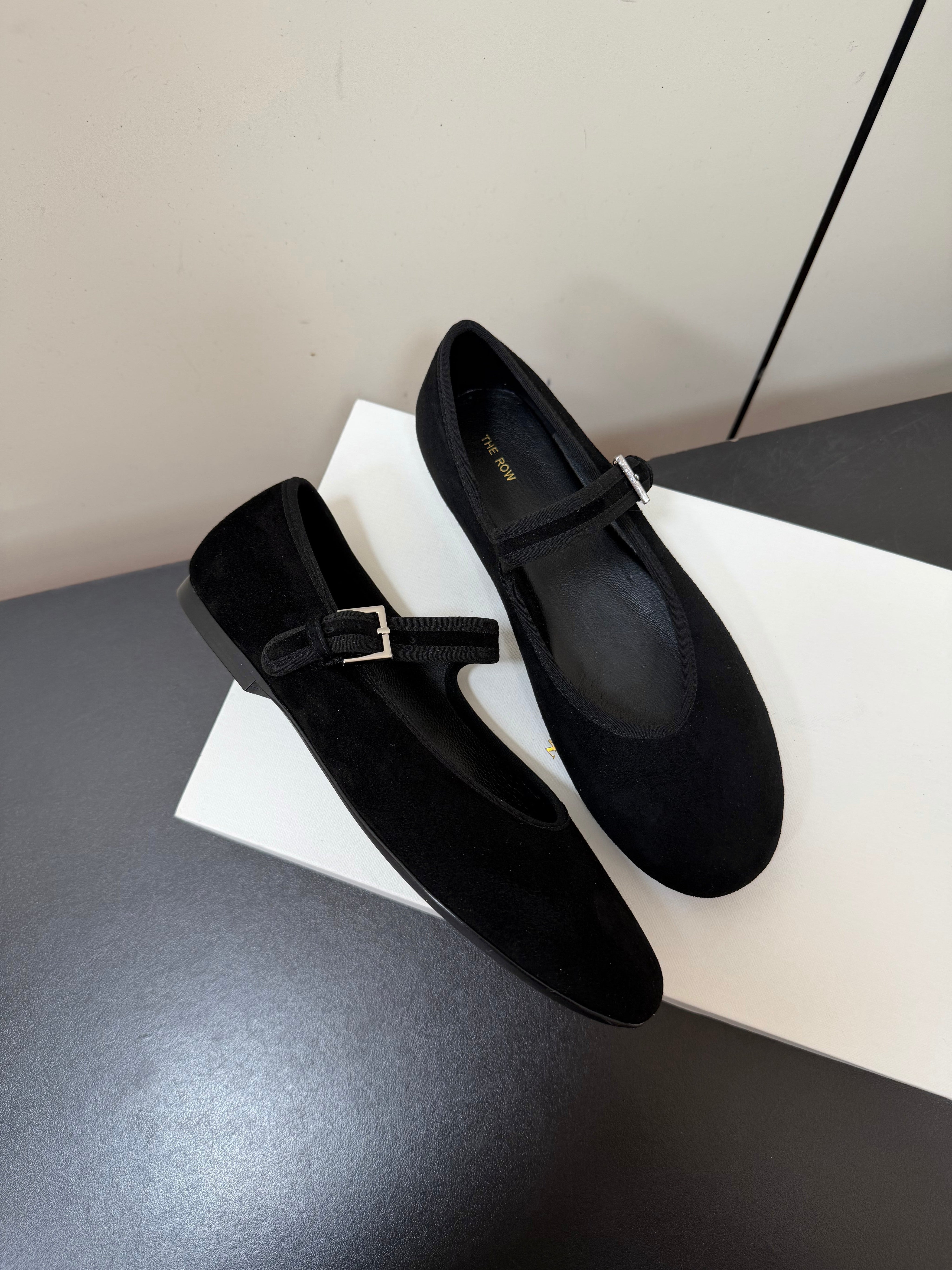 THE ROW 26S MARY JANE BALLET FLATS IN BLACK SUEDE WITH SILVER HARDWARE