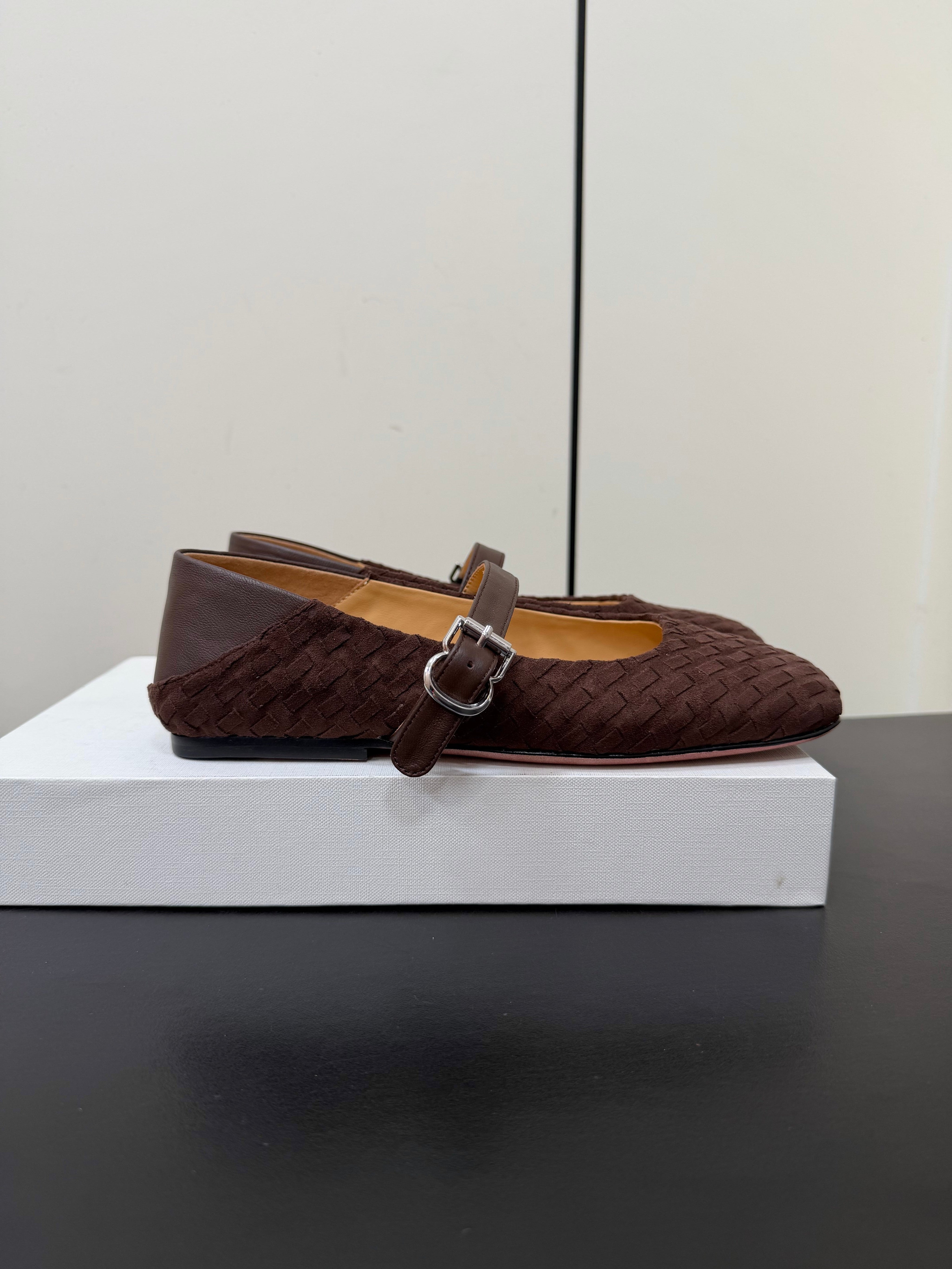 THE ROW 26S MARY JANE BALLET FLATS IN DARK BROWN SUEDE AND CALFSKIN