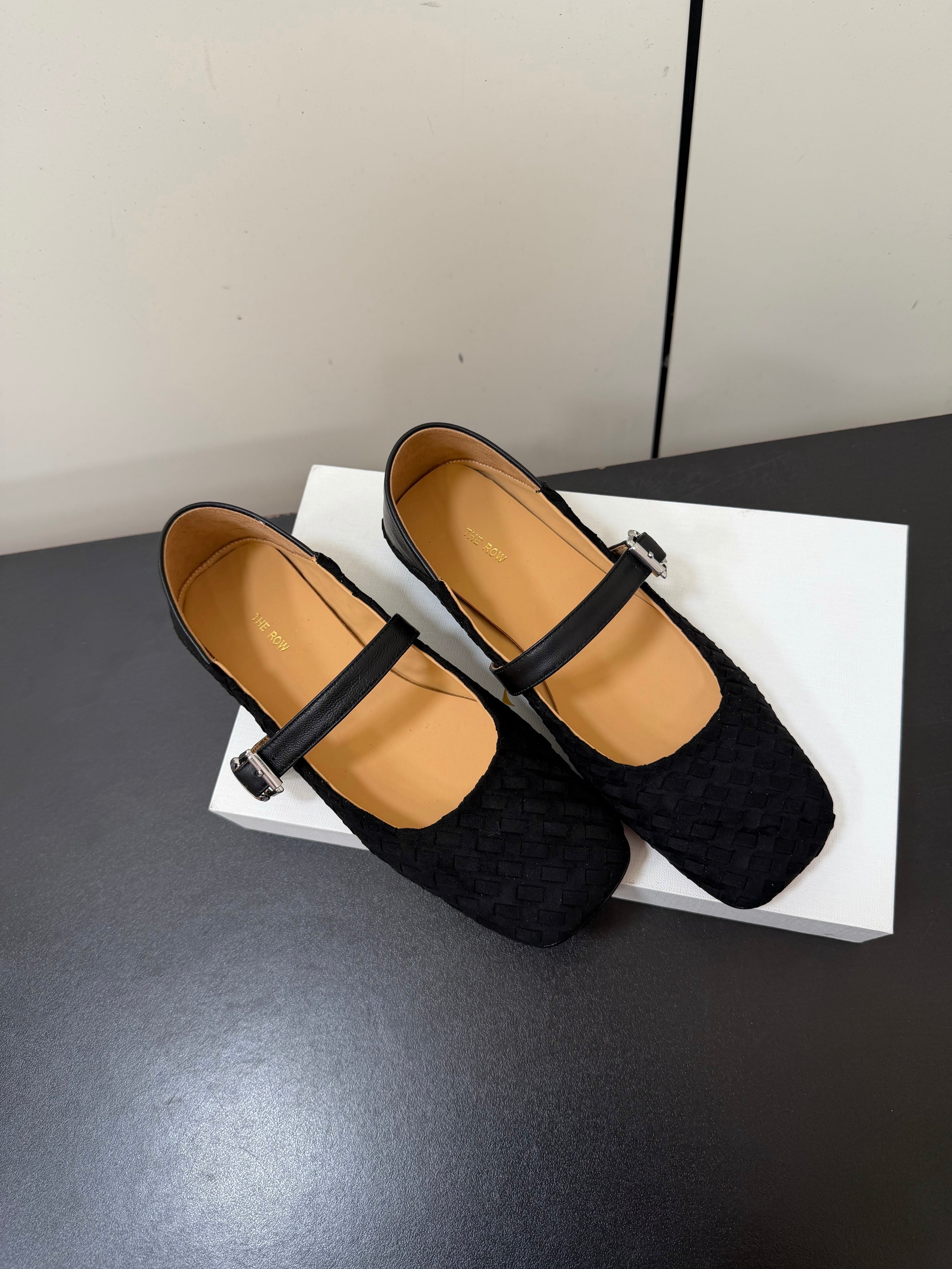 THE ROW 26S MARY JANE BALLET FLATS IN BLACK SUEDE AND CALFSKIN