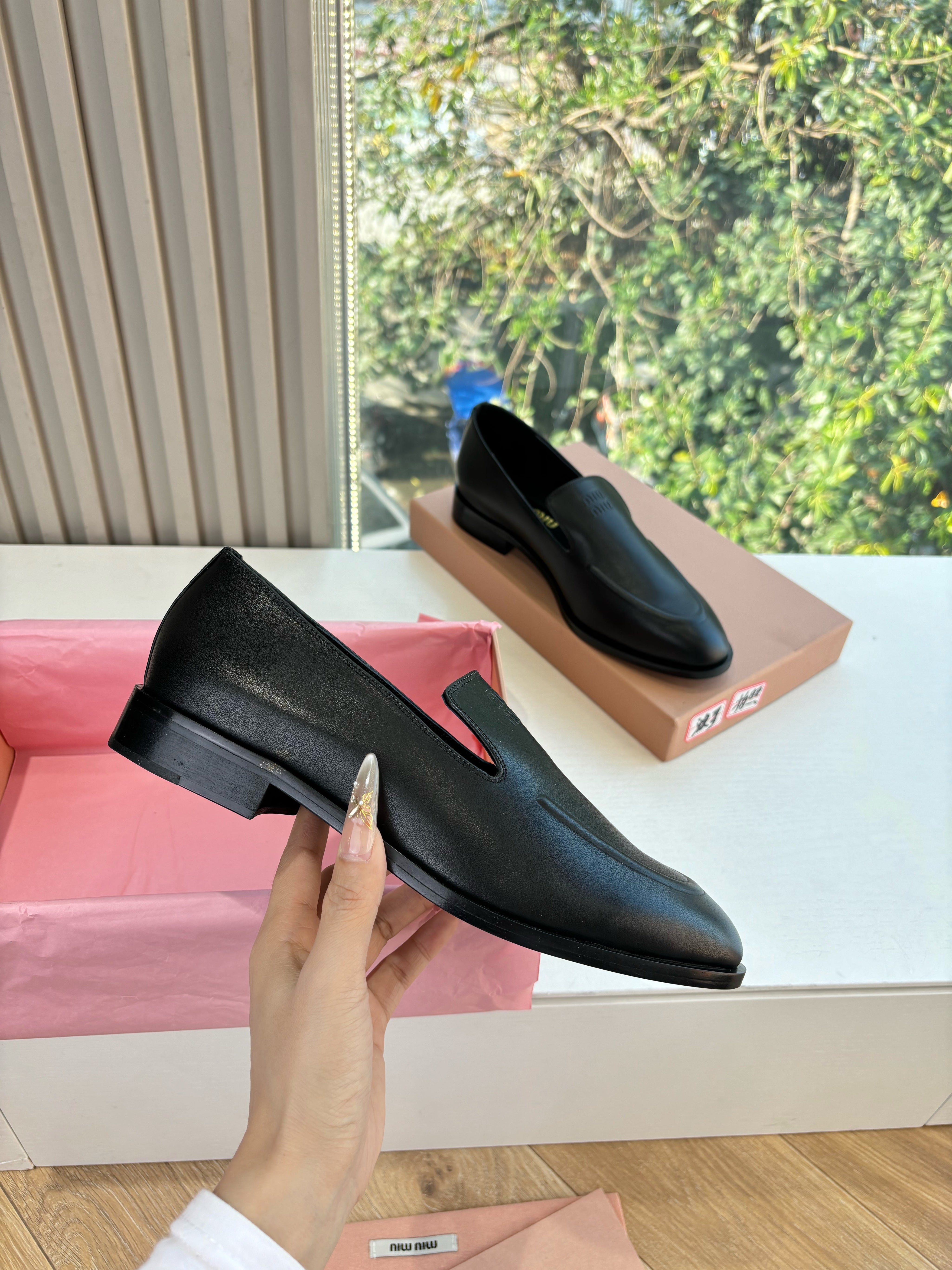 MIUMIU 26S LOAFERS IN BLACK LAMBSKIN