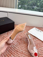 ALAIA 26S POINTED-TOE MULE HEELS IN NUDE PINK LAMBSKIN AND TRANSPARENT PVC