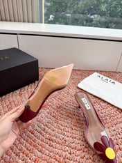 ALAIA 26S POINTED-TOE MULE HEELS IN DARK RED LAMBSKIN AND TRANSPARENT PVC