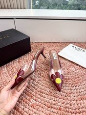 ALAIA 26S POINTED-TOE MULE HEELS IN DARK RED LAMBSKIN AND TRANSPARENT PVC