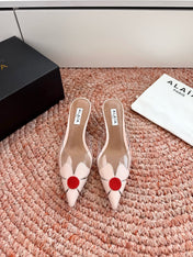ALAIA 26S MULE HEELS IN NUDE PINK LAMBSKIN AND TRANSPARENT PVC