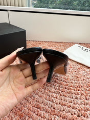 ALAIA 26S MULE HEELS IN BLACK LAMBSKIN AND TRANSPARENT PVC