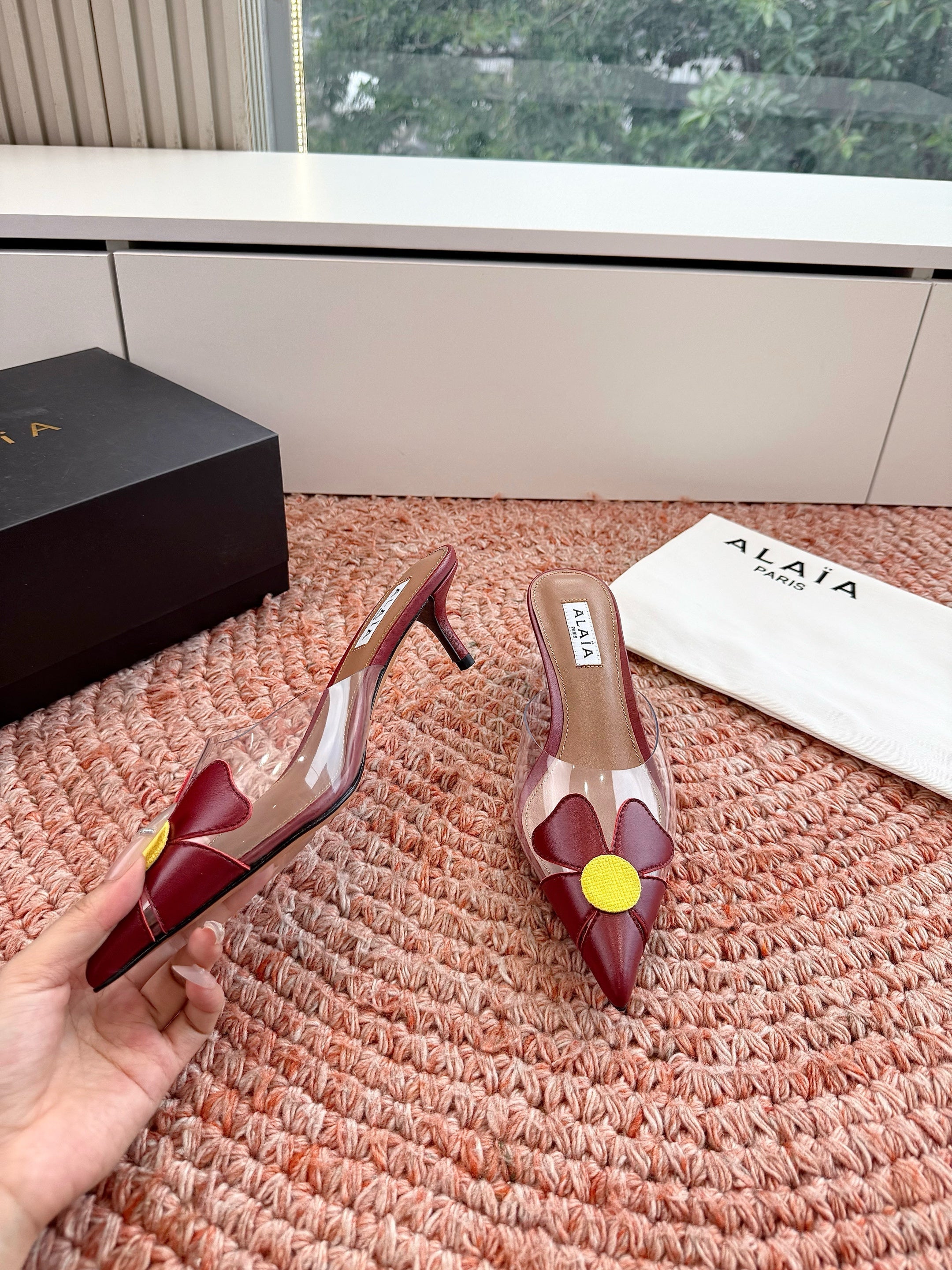 ALAIA 26S MULE HEELS IN DARK RED LAMBSKIN AND TRANSPARENT PVC
