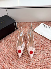 ALAIA 26S POINTED-TOE SLINGBACK HEELS IN NUDE PINK LAMBSKIN AND TRANSPARENT PVC