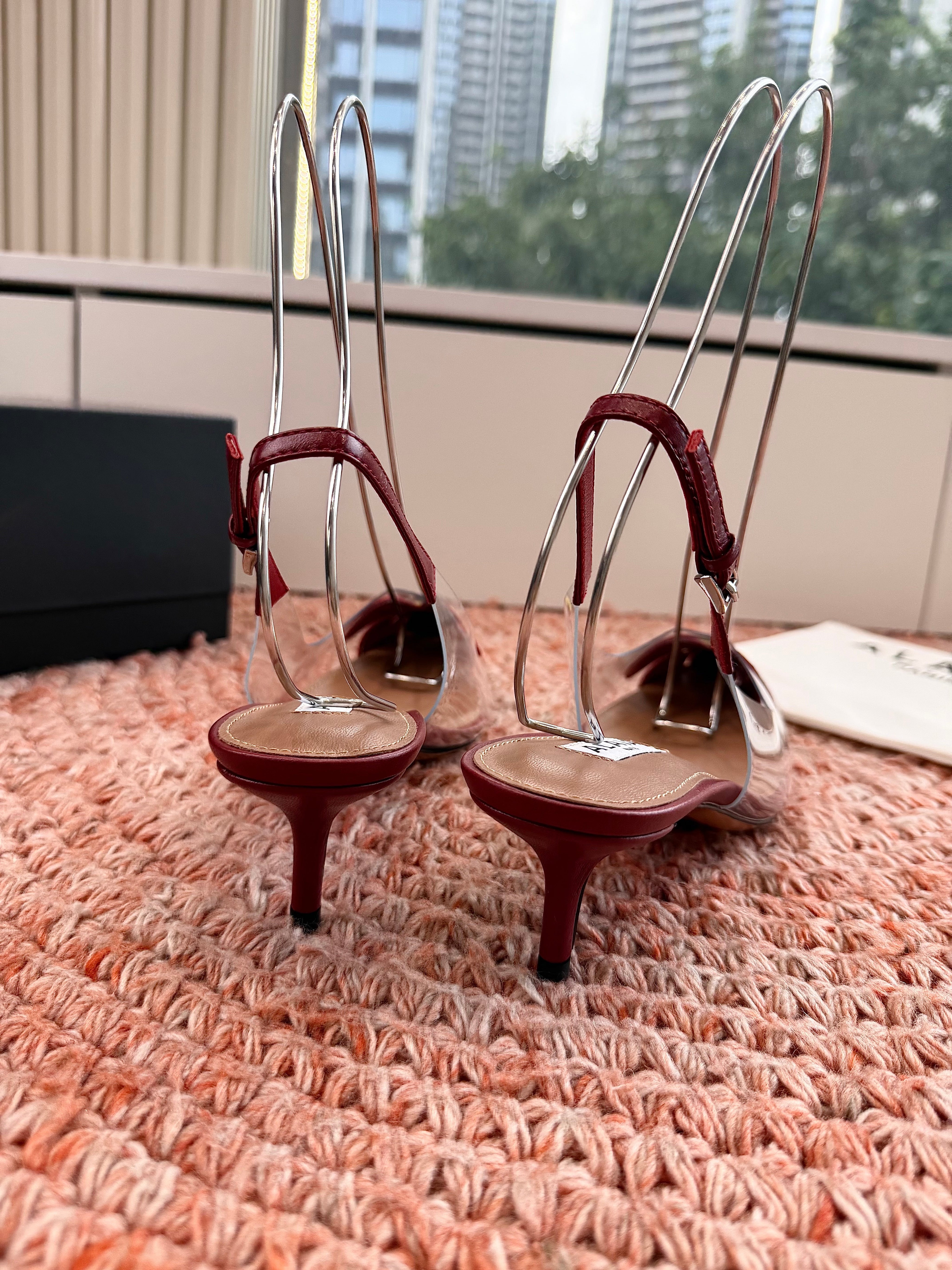 ALAIA 26S SLINGBACK HEELS IN DARK RED LAMBSKIN AND TRANSPARENT PVC