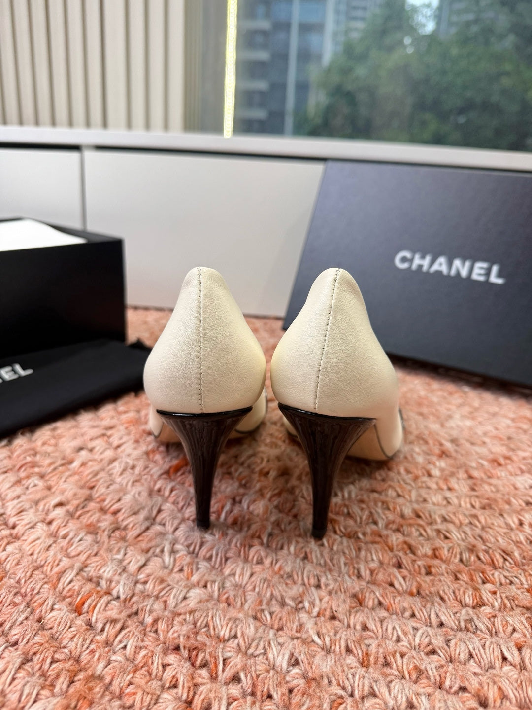 CHANEL 26S SQUARE TOE HIGH HEELS IN WHITE LAMBSKIN WITH BLACK TOE