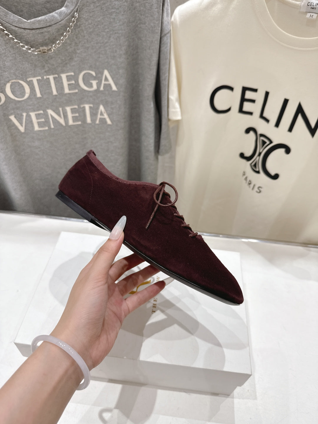 THE ROW 26S MINIMAL LACE-UP SHOES IN DARK BROWN SUEDE