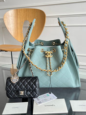 CHANEL 25S HOBO BAG 30 IN SOFT TEAL BLUE CAVIAR WITH GOLD HARDWARE