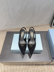 PRADA 26S POINTED TOE SLINGBACK HIGH HEELS 55MM IN BLACK SUEDE WITH LOGO