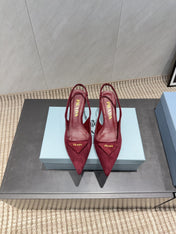 PRADA 26S POINTED TOE SLINGBACK HIGH HEELS 55MM IN DARK RED SUEDE WITH LOGO