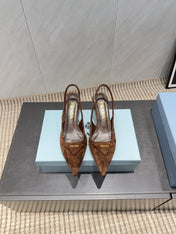 PRADA 26S POINTED TOE SLINGBACK HIGH HEELS 55MM IN BROWN SUEDE WITH LOGO