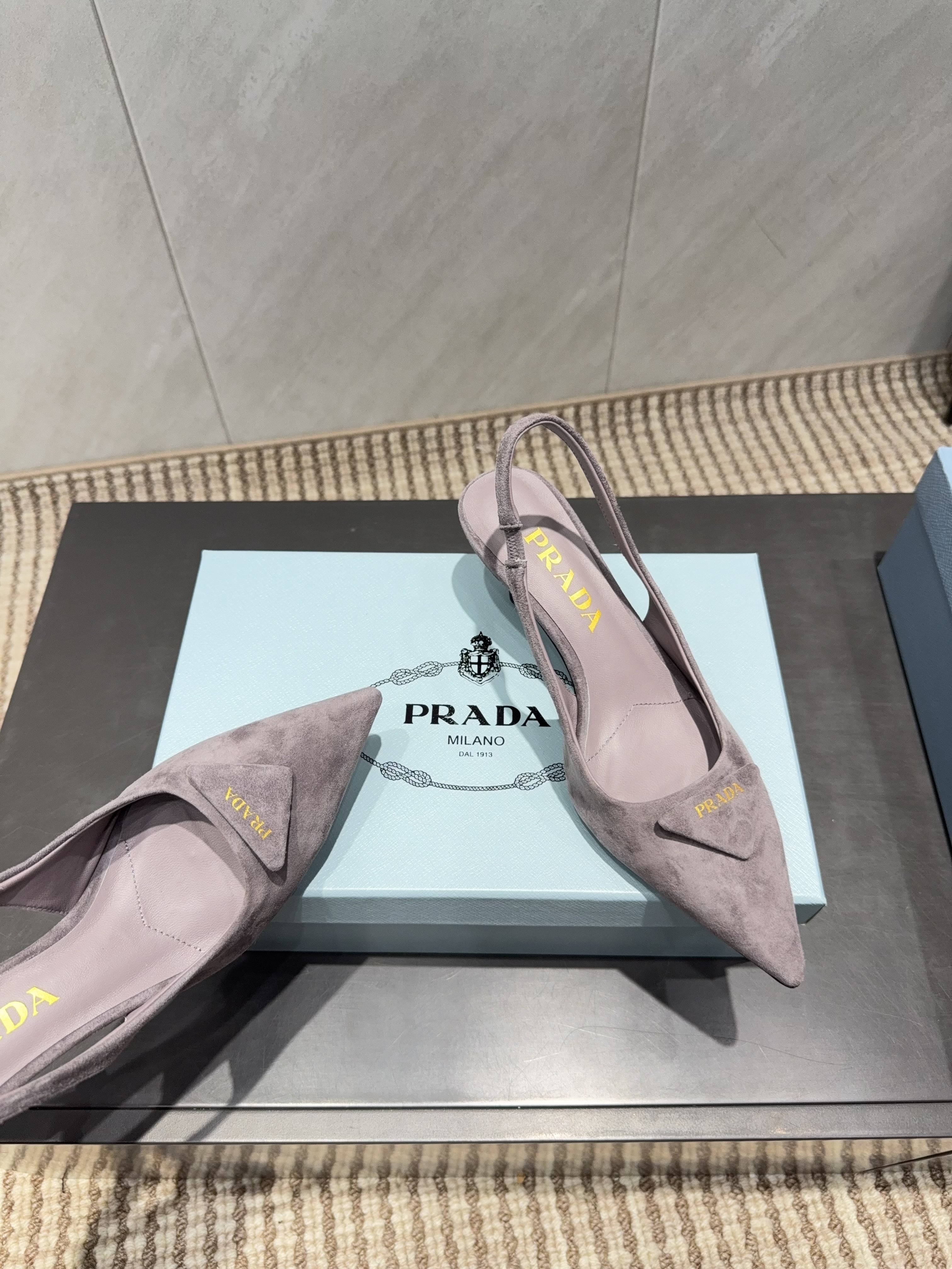 PRADA 26S POINTED TOE SLINGBACK HIGH HEELS 55MM IN TAUPE BROWN SUEDE WITH LOGO