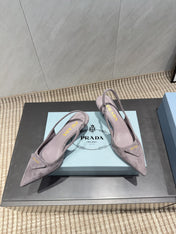 PRADA 26S POINTED TOE SLINGBACK HIGH HEELS 55MM IN TAUPE BROWN SUEDE WITH LOGO