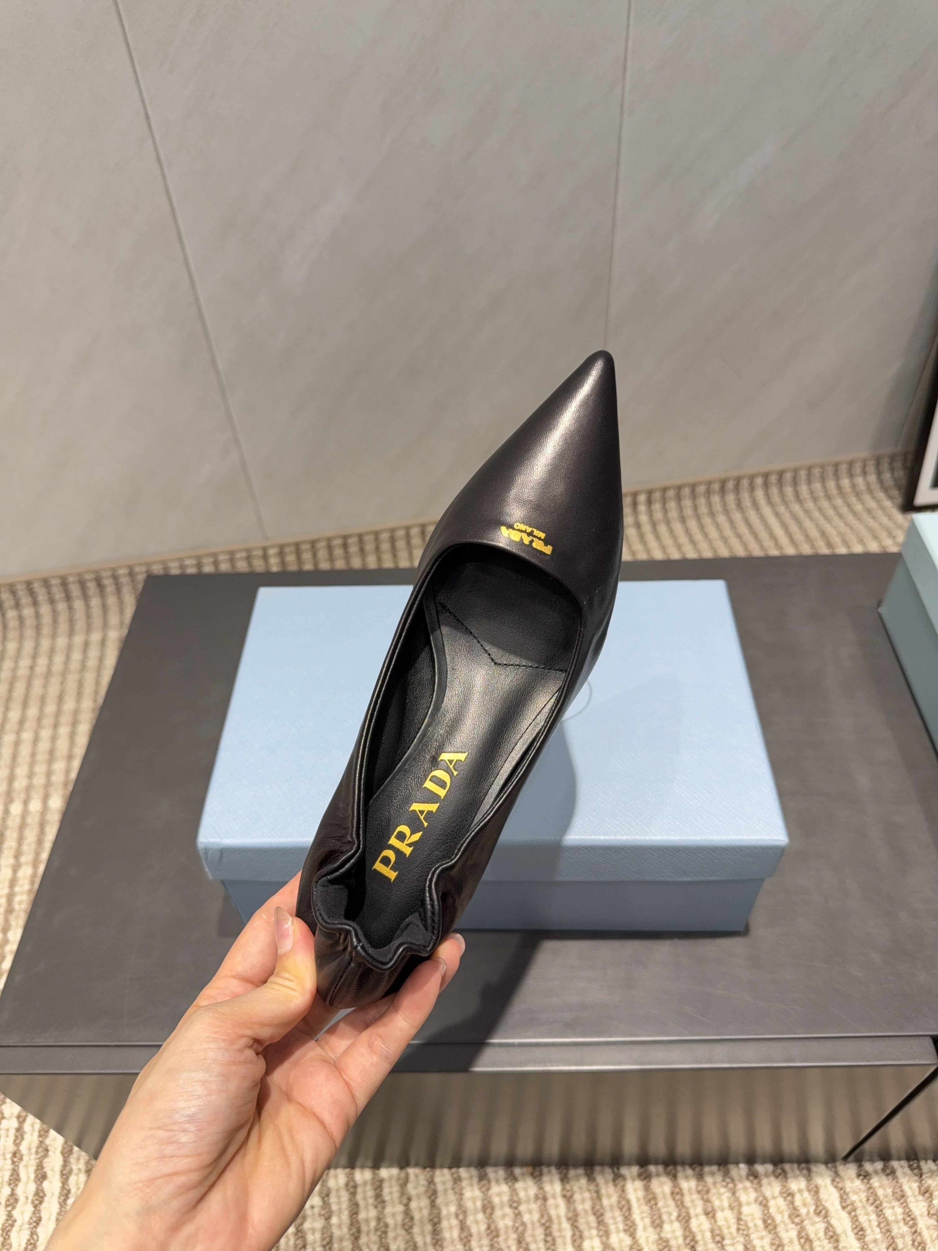 PRADA 26S POINTED TOE PUMPS 55MM IN BLACK SHEEPSKIN
