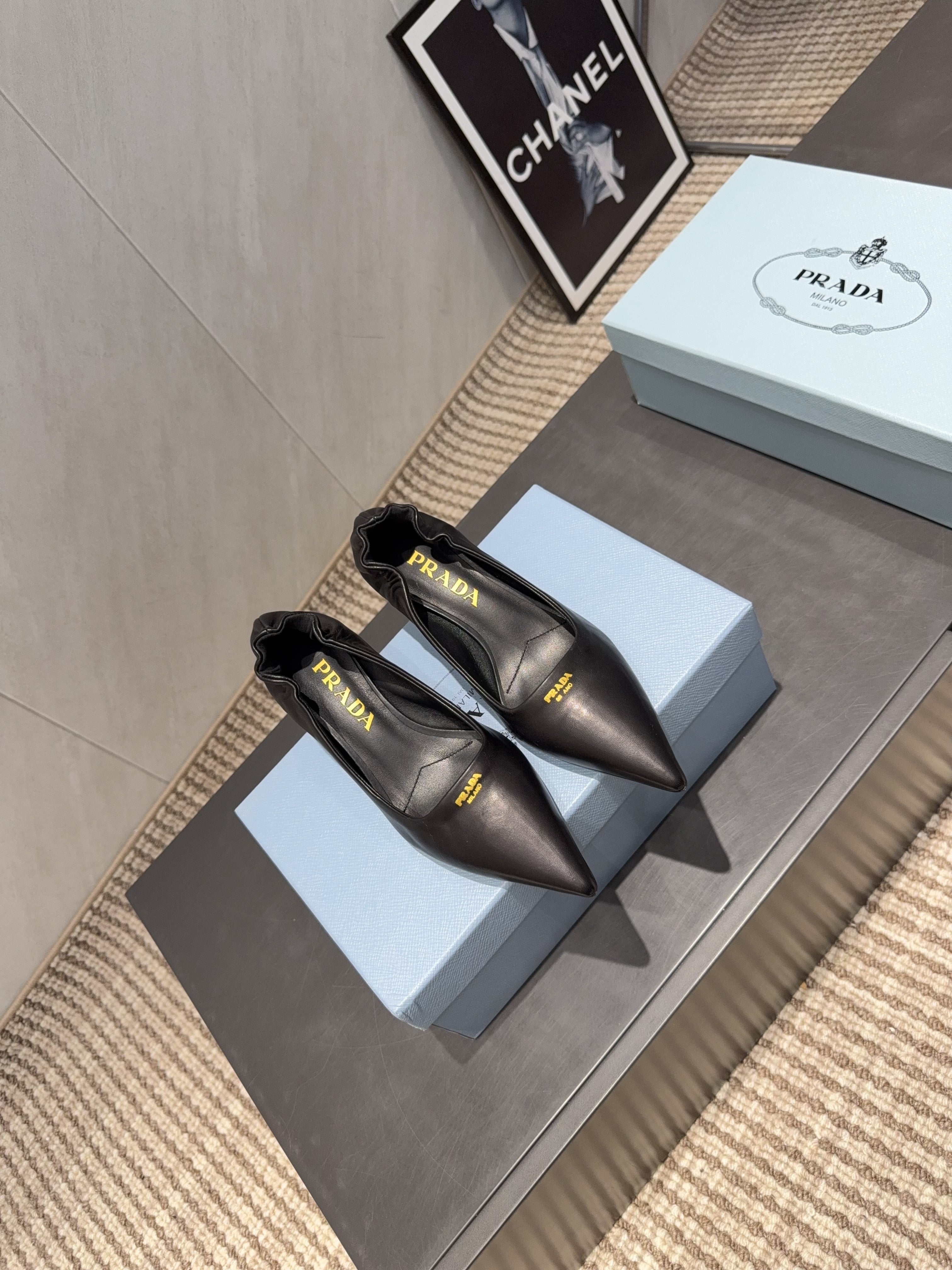 PRADA 26S POINTED TOE PUMPS 55MM IN BLACK SHEEPSKIN