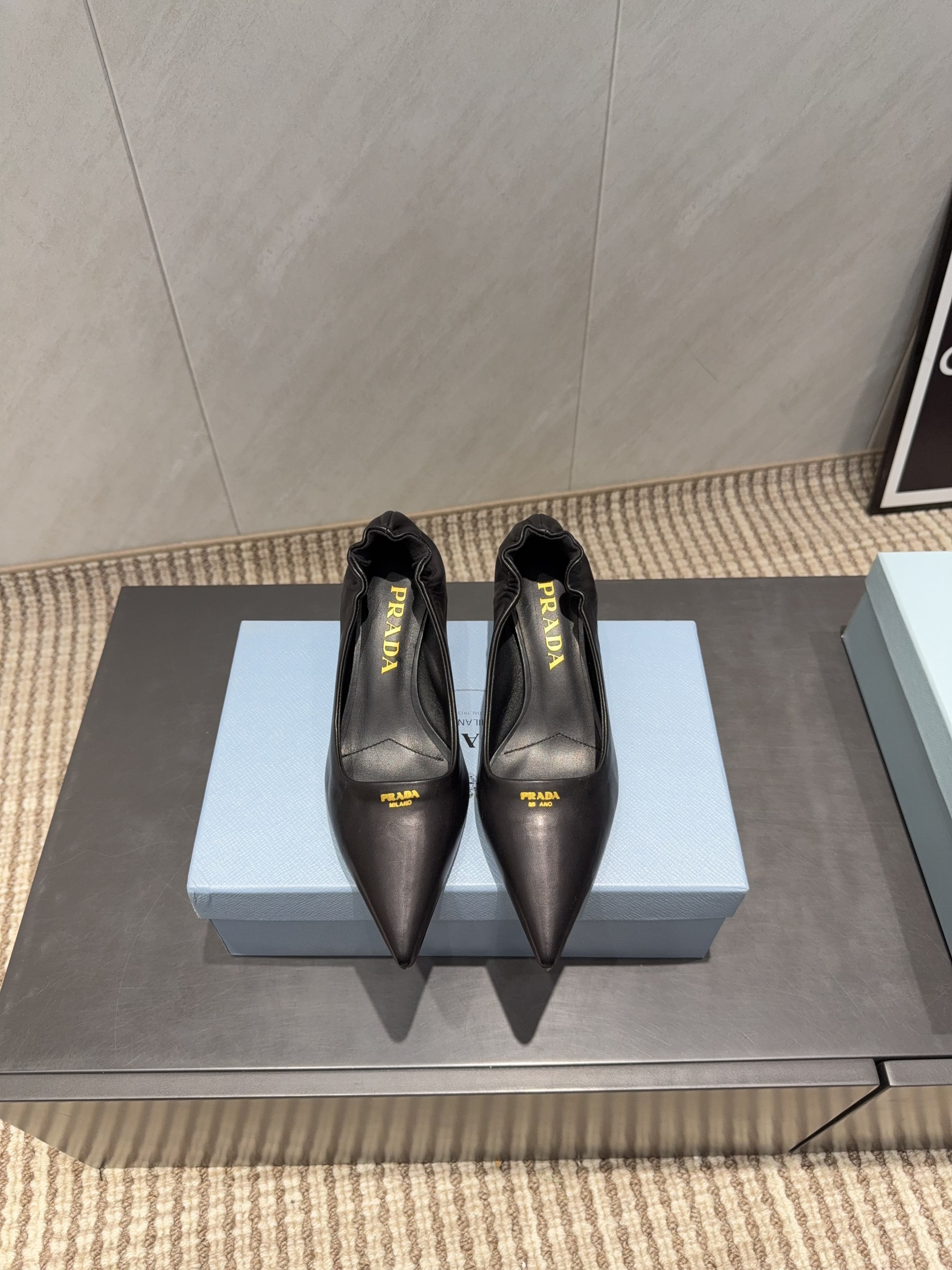 PRADA 26S POINTED TOE PUMPS 55MM IN BLACK SHEEPSKIN