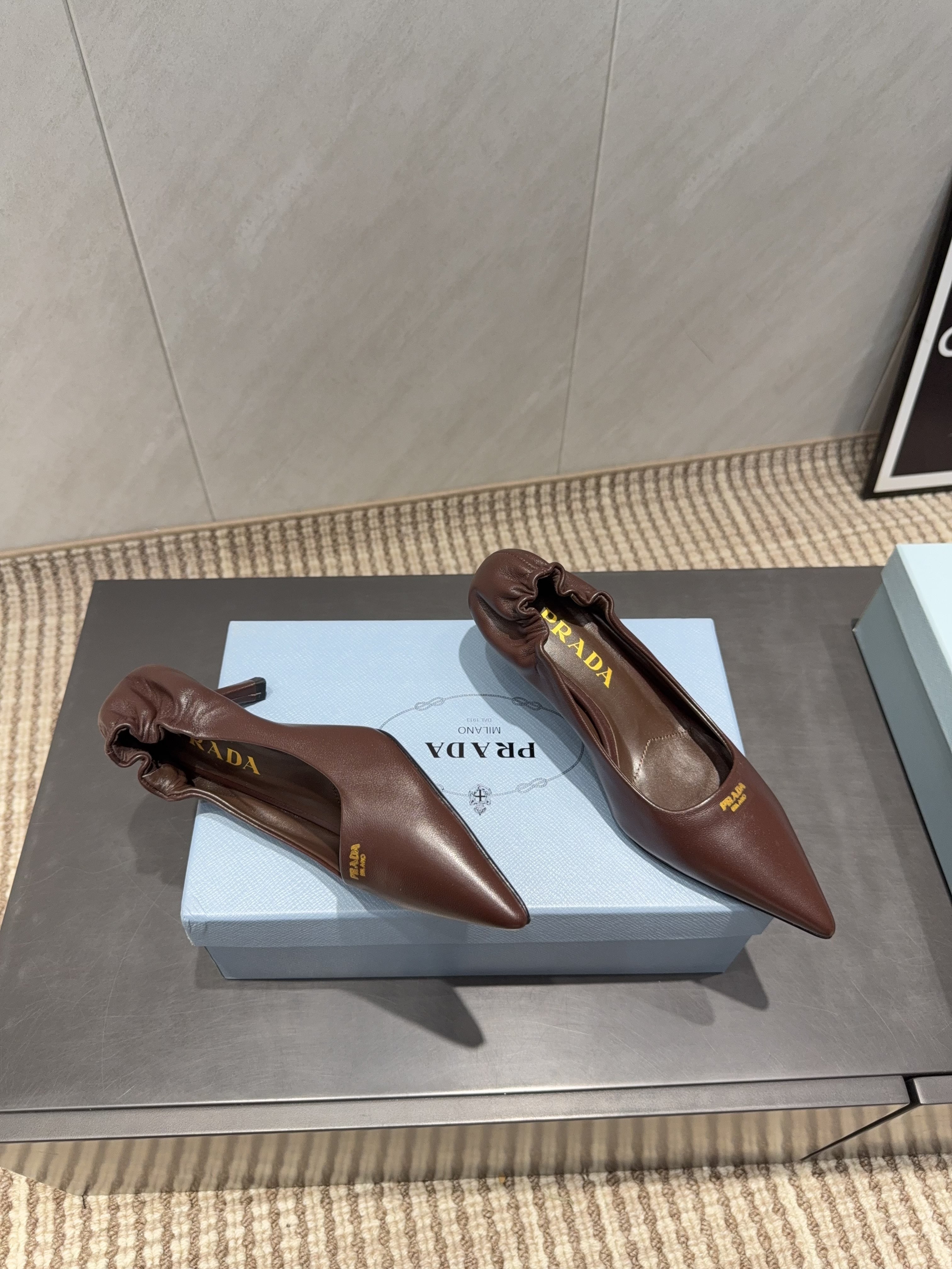 PRADA 26S POINTED TOE PUMPS 55MM IN CHOCOLATE BROWN SHEEPSKIN
