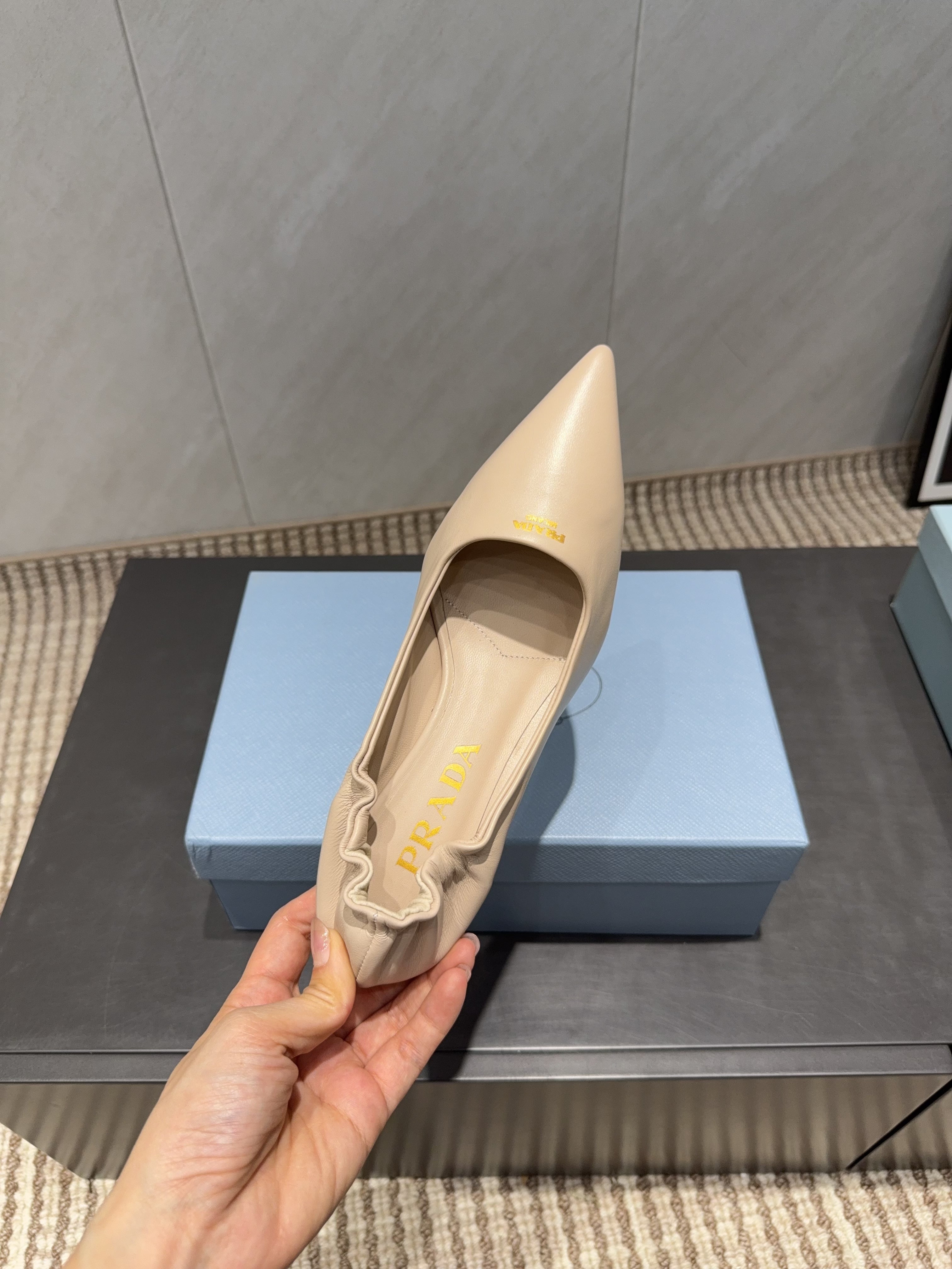 PRADA 26S POINTED TOE PUMPS 55MM IN NUDE SHEEPSKIN