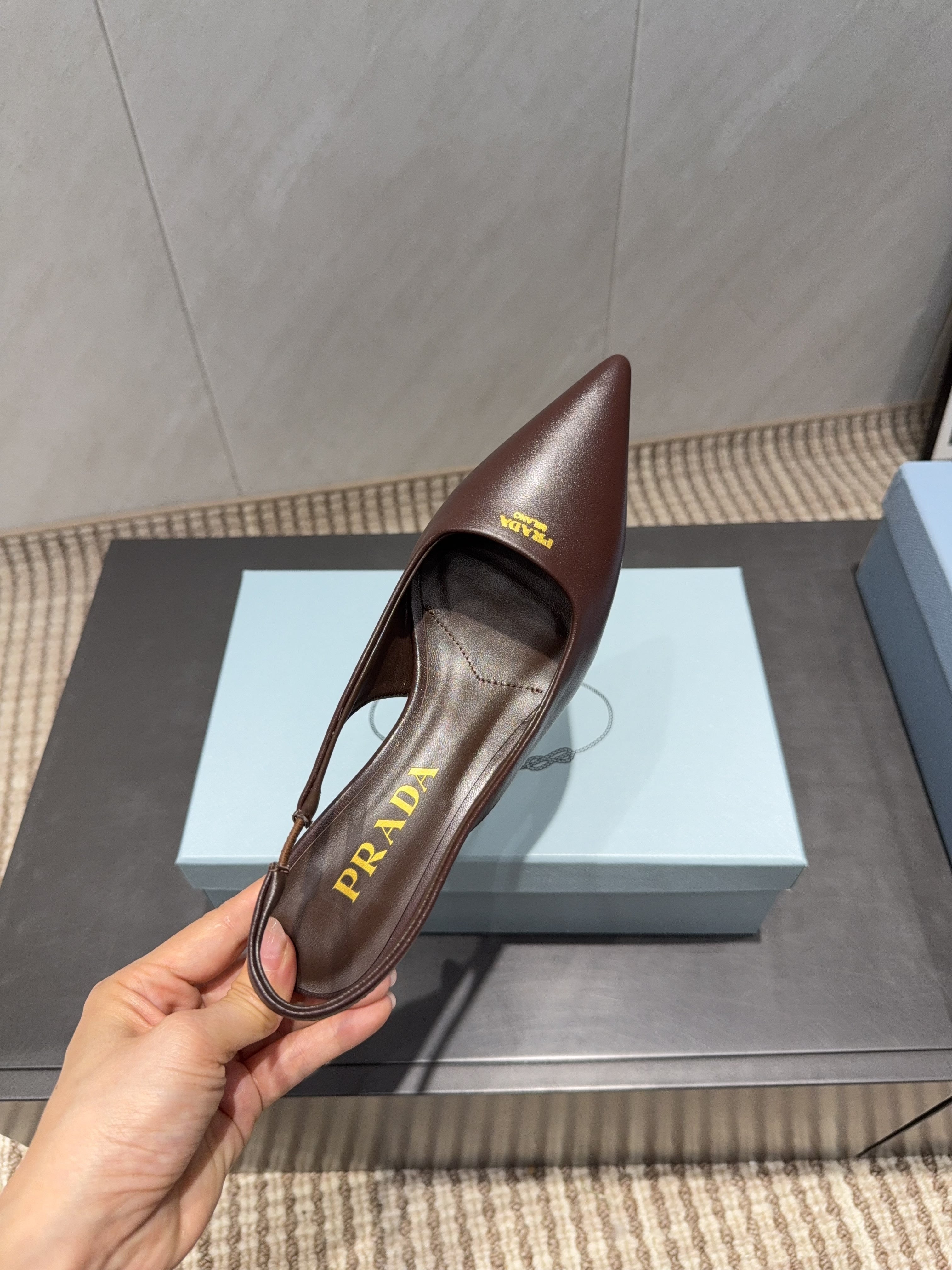 PRADA 26S POINTED TOE SLINGBACK HIGH HEELS 55MM IN DARK BROWN SHEEPSKIN