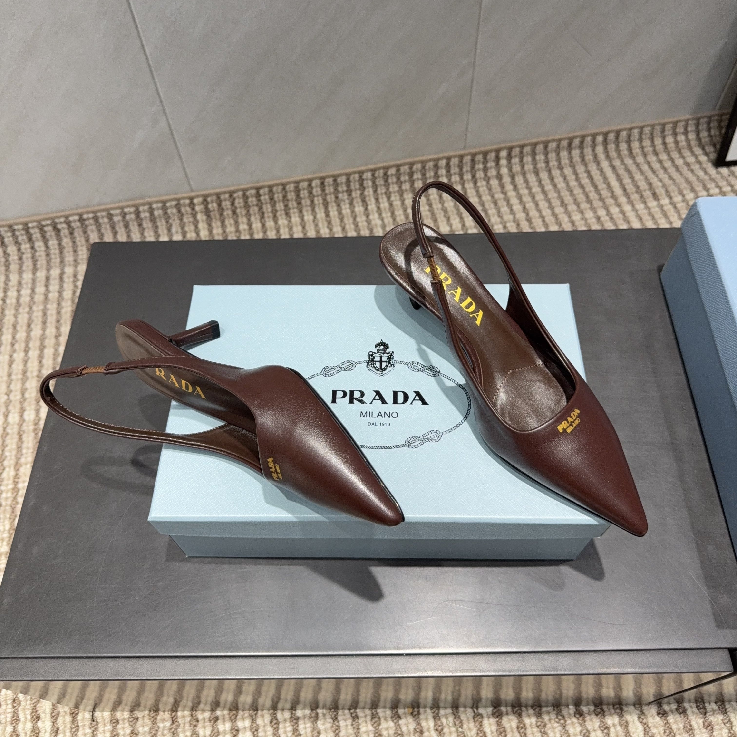 PRADA 26S POINTED TOE SLINGBACK HIGH HEELS 55MM IN DARK BROWN SHEEPSKIN