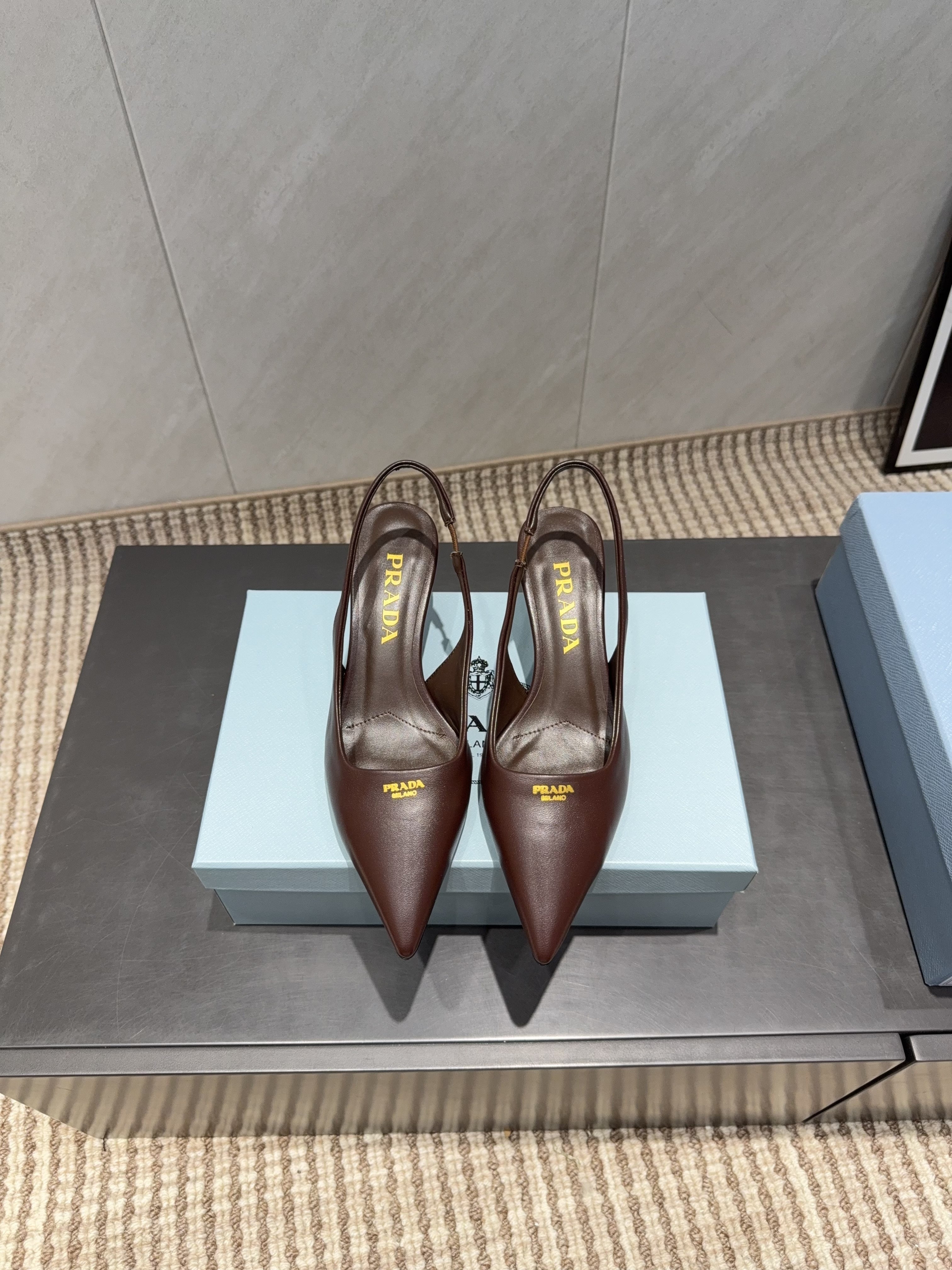 PRADA 26S POINTED TOE SLINGBACK HIGH HEELS 55MM IN DARK BROWN SHEEPSKIN