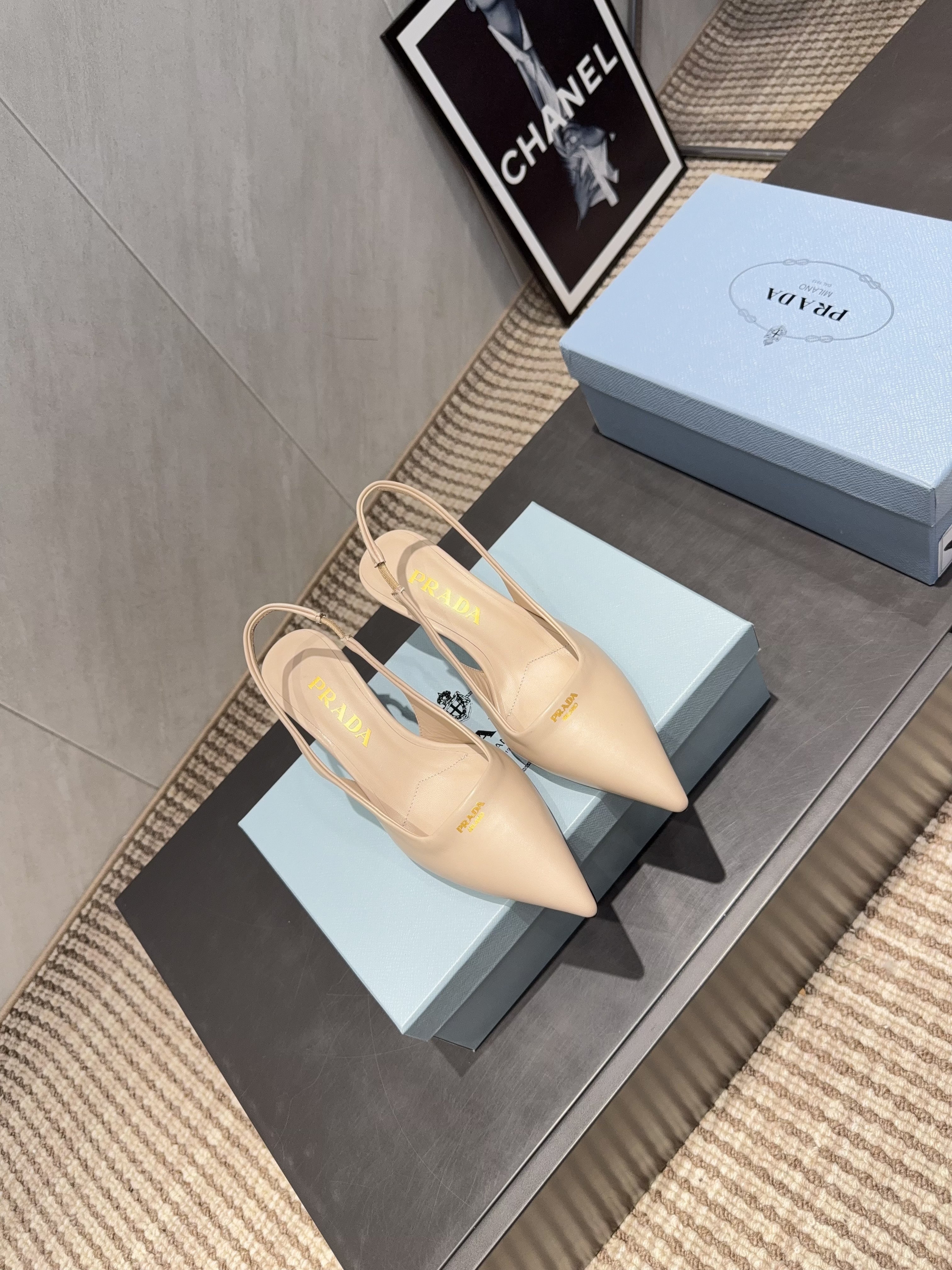 PRADA 26S POINTED TOE SLINGBACK HIGH HEELS 55MM IN NUDE SHEEPSKIN