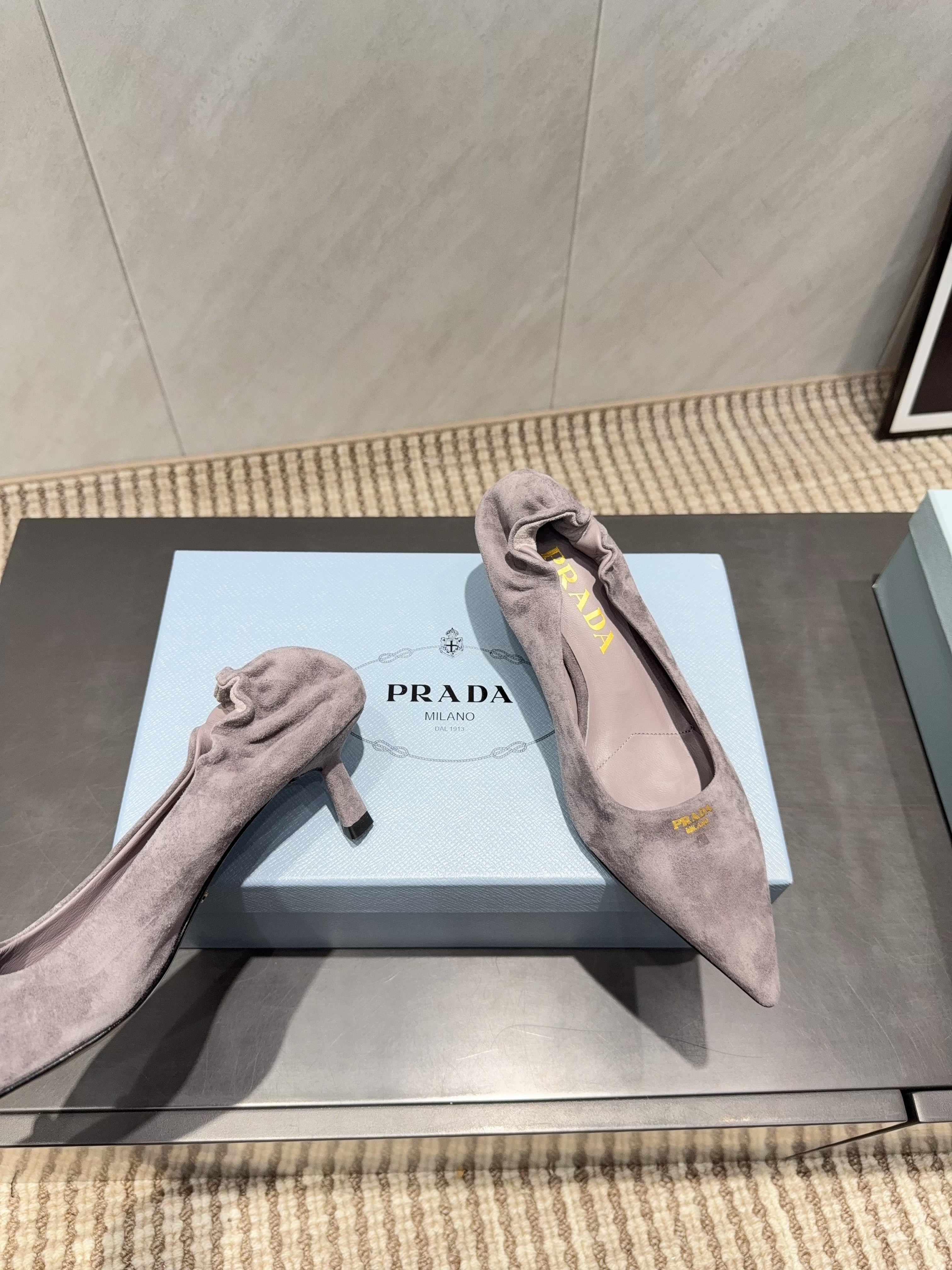 PRADA 26S PUMPS 55MM IN TAUPE BROWN SUEDE
