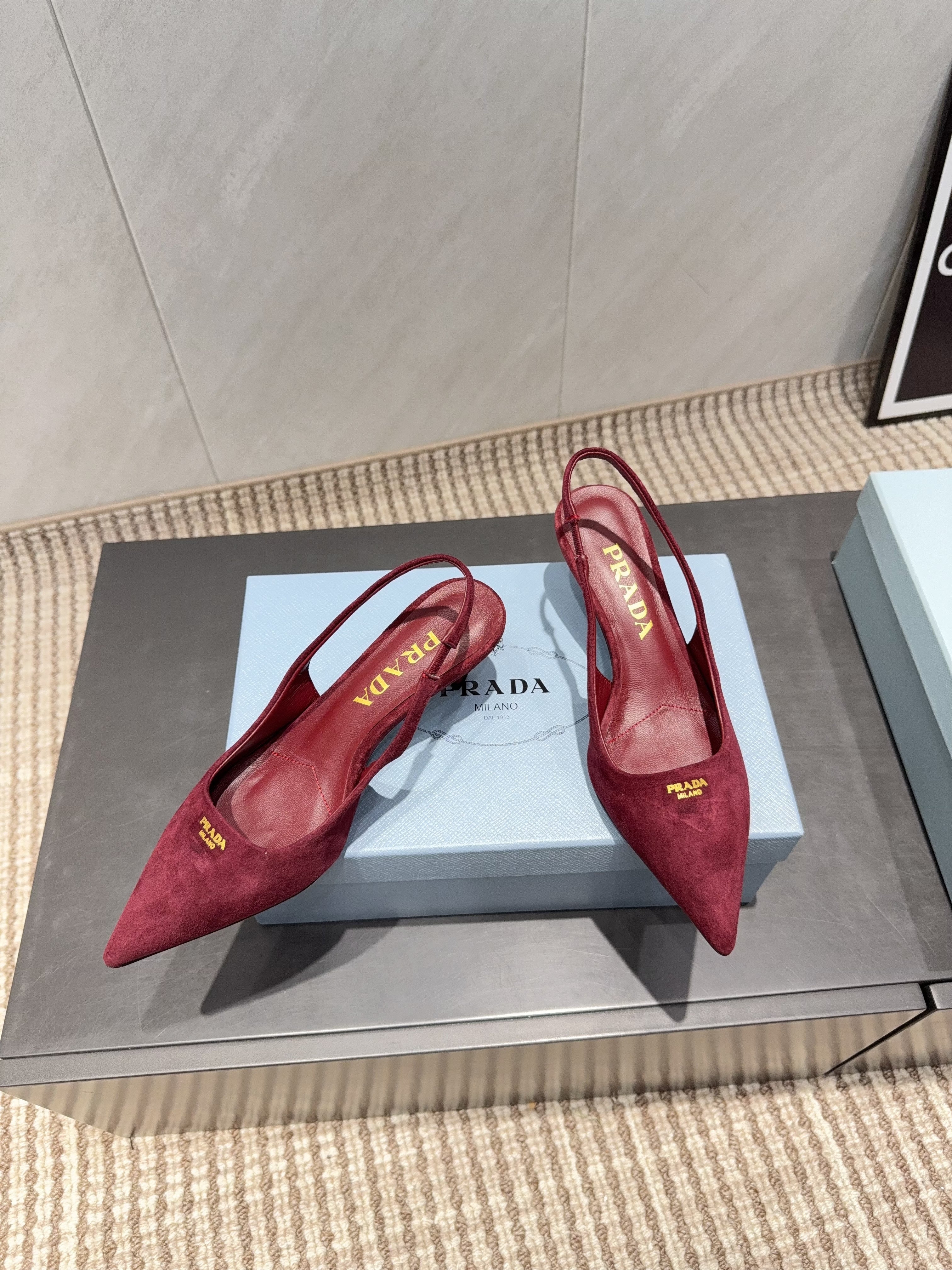 PRADA 26S POINTED TOE SLINGBACK HIGH HEELS 55MM IN DARK RED SUEDE