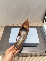 PRADA 26S POINTED TOE SLINGBACK HIGH HEELS 55MM IN BROWN SUEDE