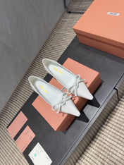 MIUMIU 26S POINTED TOE PUMPS 55MM IN WHITE CALFSKIN WITH BOW