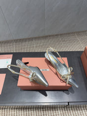 MIUMIU 26S SLINGBACK 55MM IN SILVER CALFSKIN WITH BOW