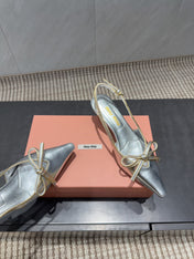 MIUMIU 26S SLINGBACK 55MM IN SILVER CALFSKIN WITH BOW