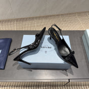 PRADA 26S POINTED TOE SLINGBACK HIGH HEELS 85MM IN BLACK CALFSKIN WITH BOW