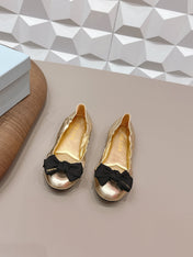 PRADA 26S ROUND TOE FLATS WITH BOW IN GOLD CALFSKIN