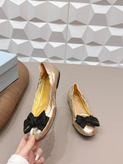 PRADA 26S ROUND TOE FLATS WITH BOW IN GOLD CALFSKIN
