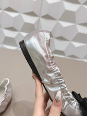 PRADA 26S ROUND TOE FLATS WITH BOW IN SILVER CALFSKIN