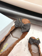 PRADA 26S ROUND TOE FLATS WITH BOW IN DARK BROWN SUEDE