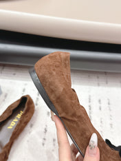 PRADA 26S ROUND TOE FLATS WITH BOW IN DARK BROWN SUEDE