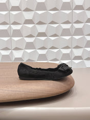 PRADA 26S ROUND TOE FLATS WITH BOW IN BLACK SUEDE