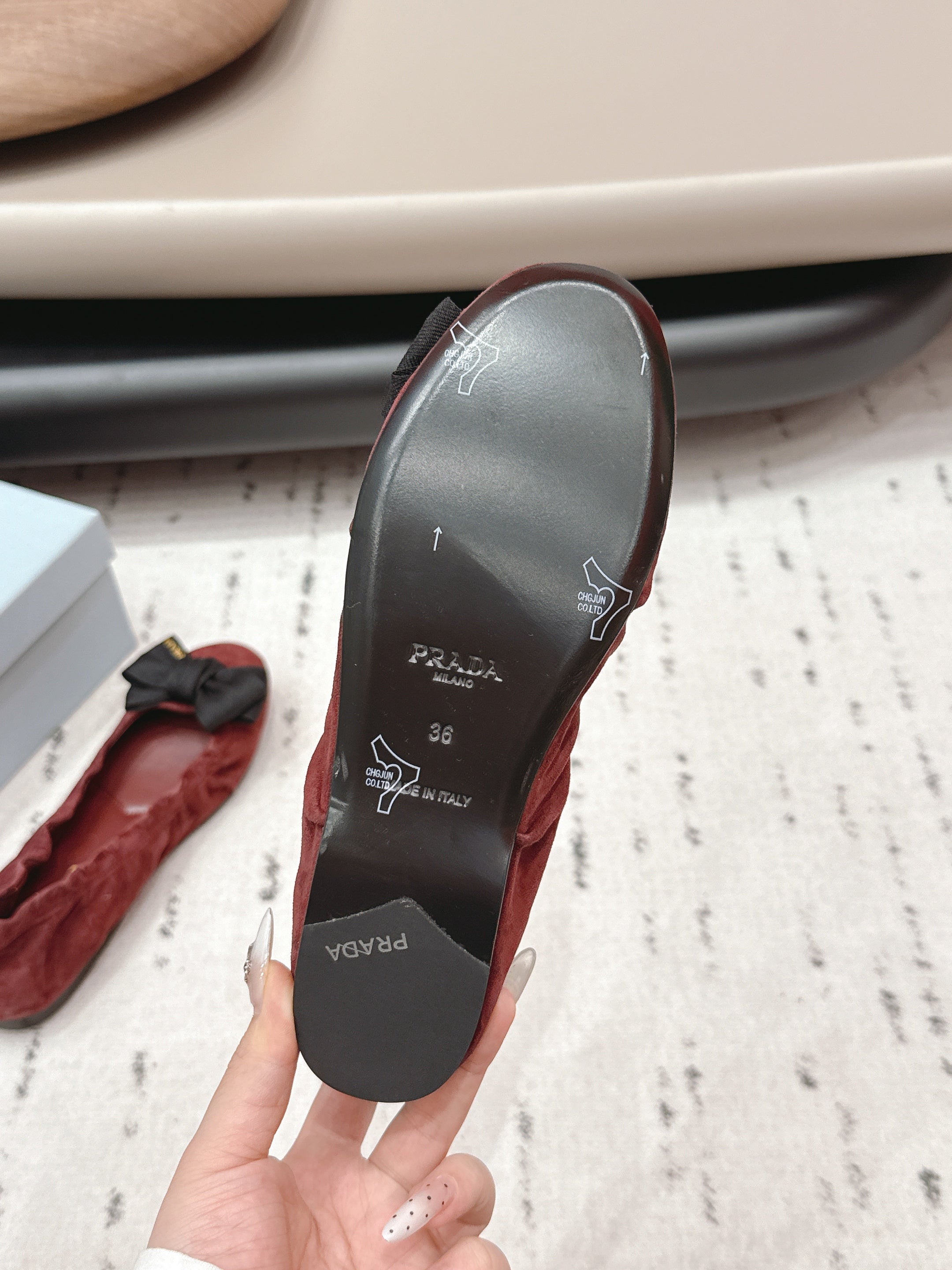 PRADA 26S ROUND TOE FLATS WITH BOW IN DARK RED SUEDE