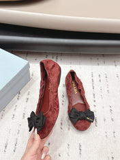 PRADA 26S ROUND TOE FLATS WITH BOW IN DARK RED SUEDE