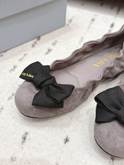PRADA 26S ROUND TOE FLATS WITH BOW IN TAUPE BROWN SUEDE